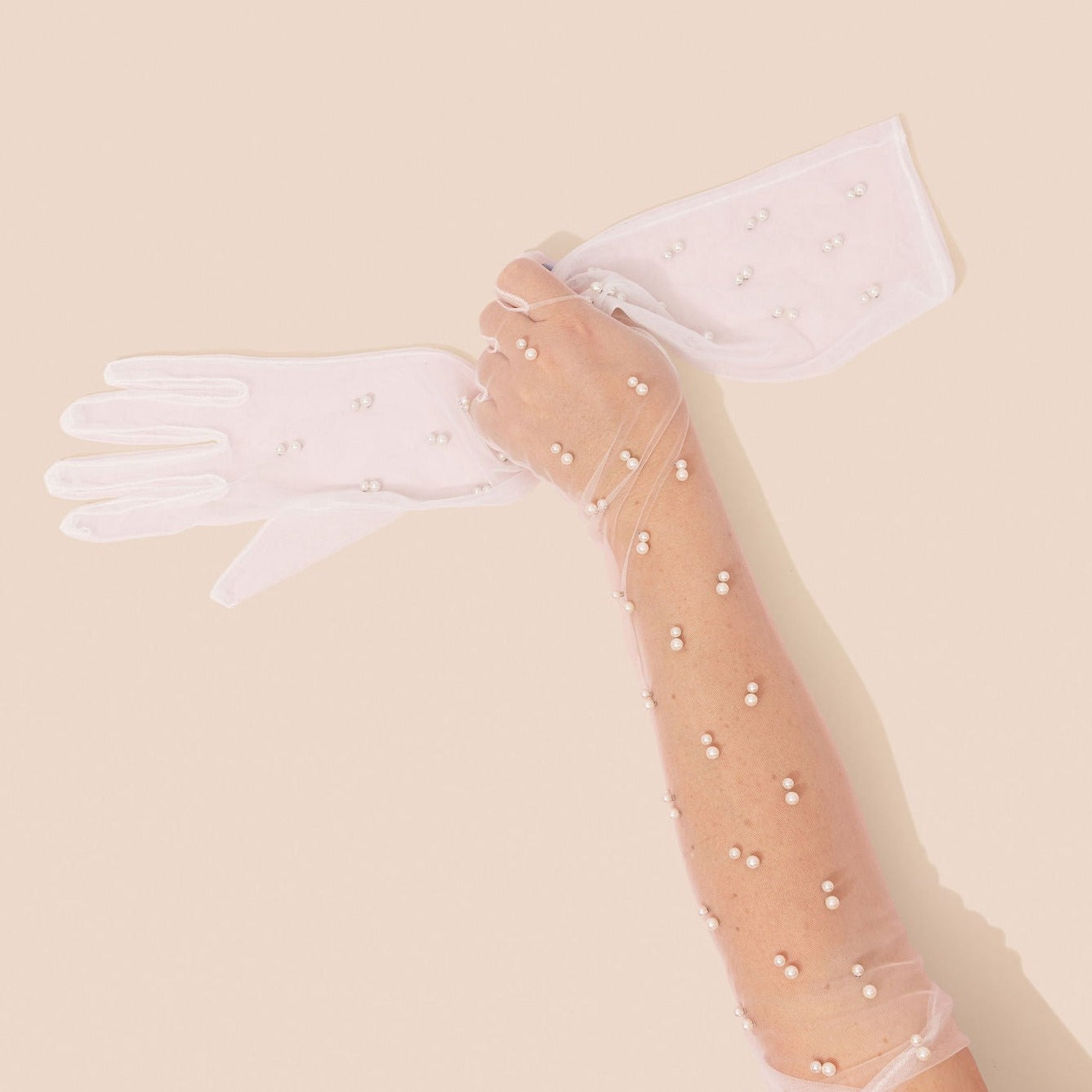 Elbow length chiffon fingered gloves (50cm) with pearl bead detailing